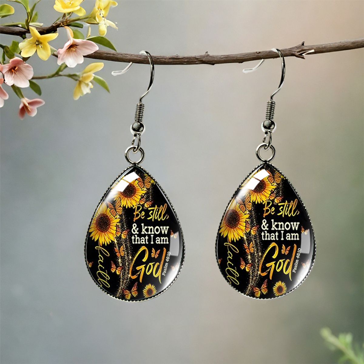 Unisex Sunflower Butterfly Art Text Print Teardrop Earrings